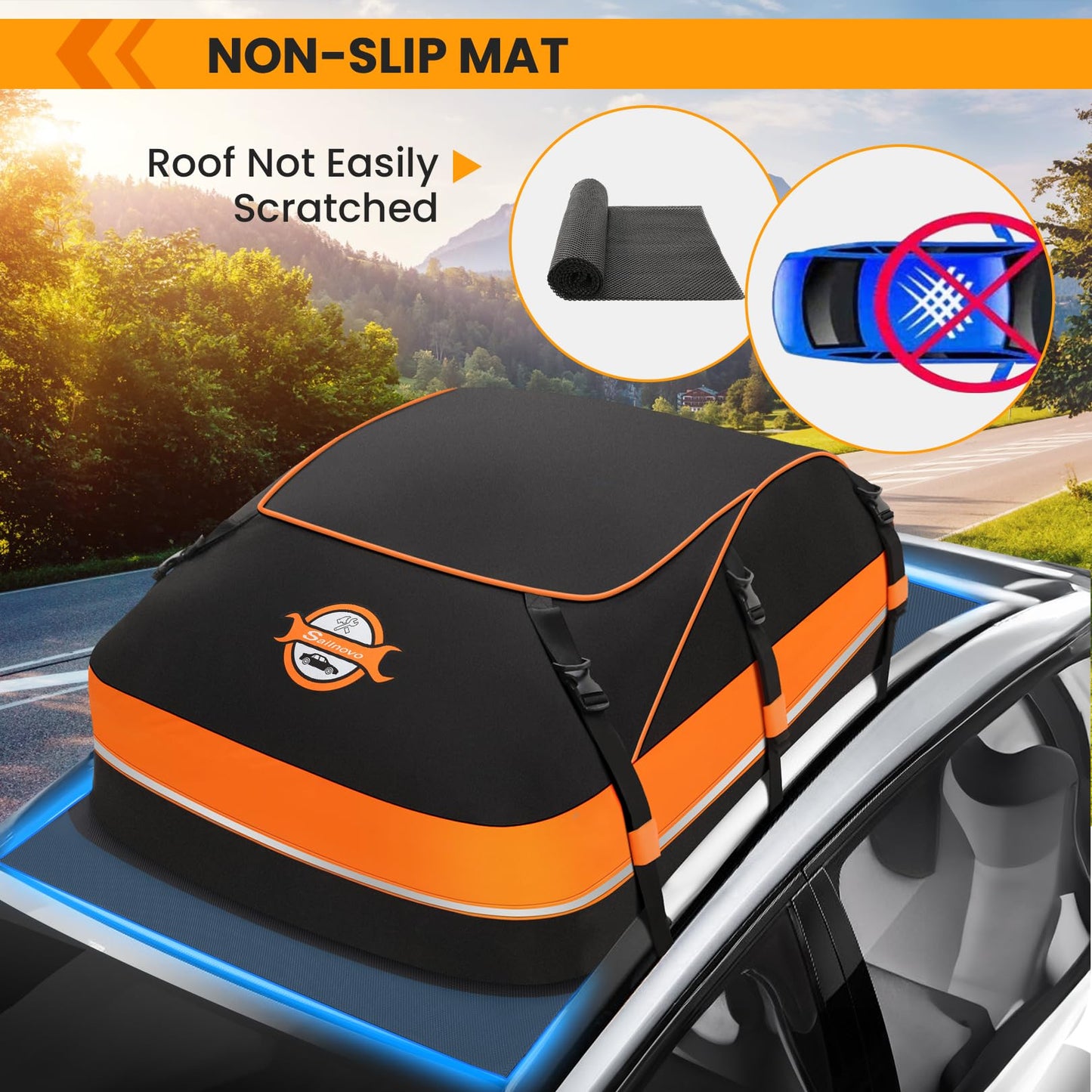 Sailnovo Rooftop Cargo Carrier & Car Roof Cargo Bag– Waterproof 20 Cubic Feet Heavy Duty Roof Rack Cargo Carrier Bag- Fits Cars with/Without Rack, Includes Anti-Slip Mat, 6 Door Hooks