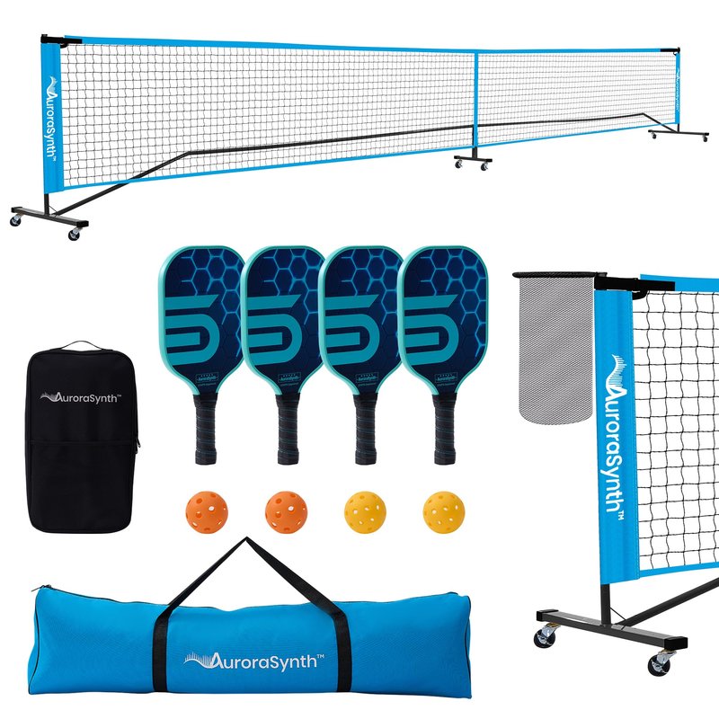 AuroraSynth Portable Pickleball Net Set with Wheels, 22 x 3ft Regulation Size Pickle Ball Net with Ball Collector, 4 Pickle Balls, 4 Pickleball Paddles, Carry Bag for Backyards, Driveway, Garage
