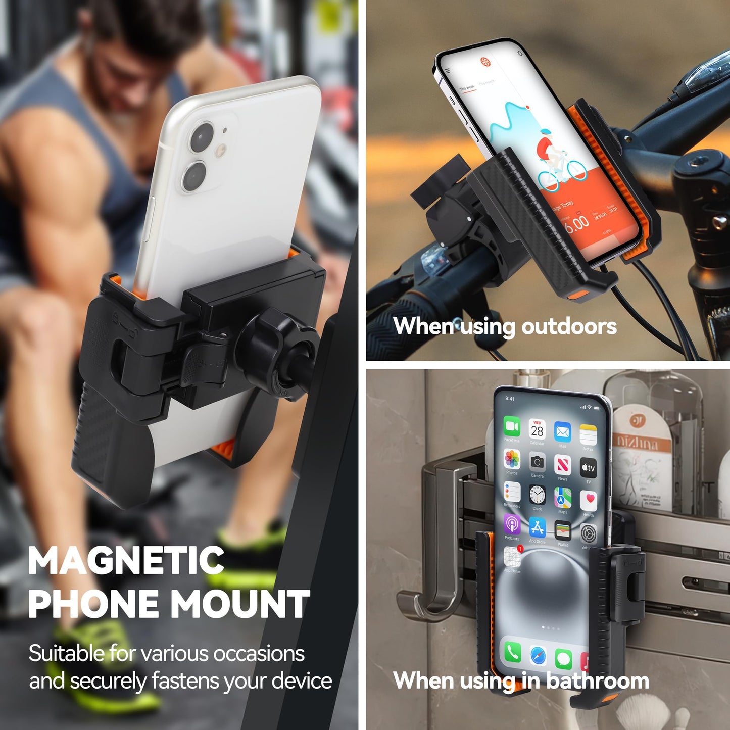 ROWFEN Phone Holder for Golf Cart - Golf Phone Holder with 2 Bases (Magnetic Base & Clamp Base), 360° Rotation, Universal Fit for Smartphones/Thick Cases, Secure Hands-Free Golf Accessories (Orange)