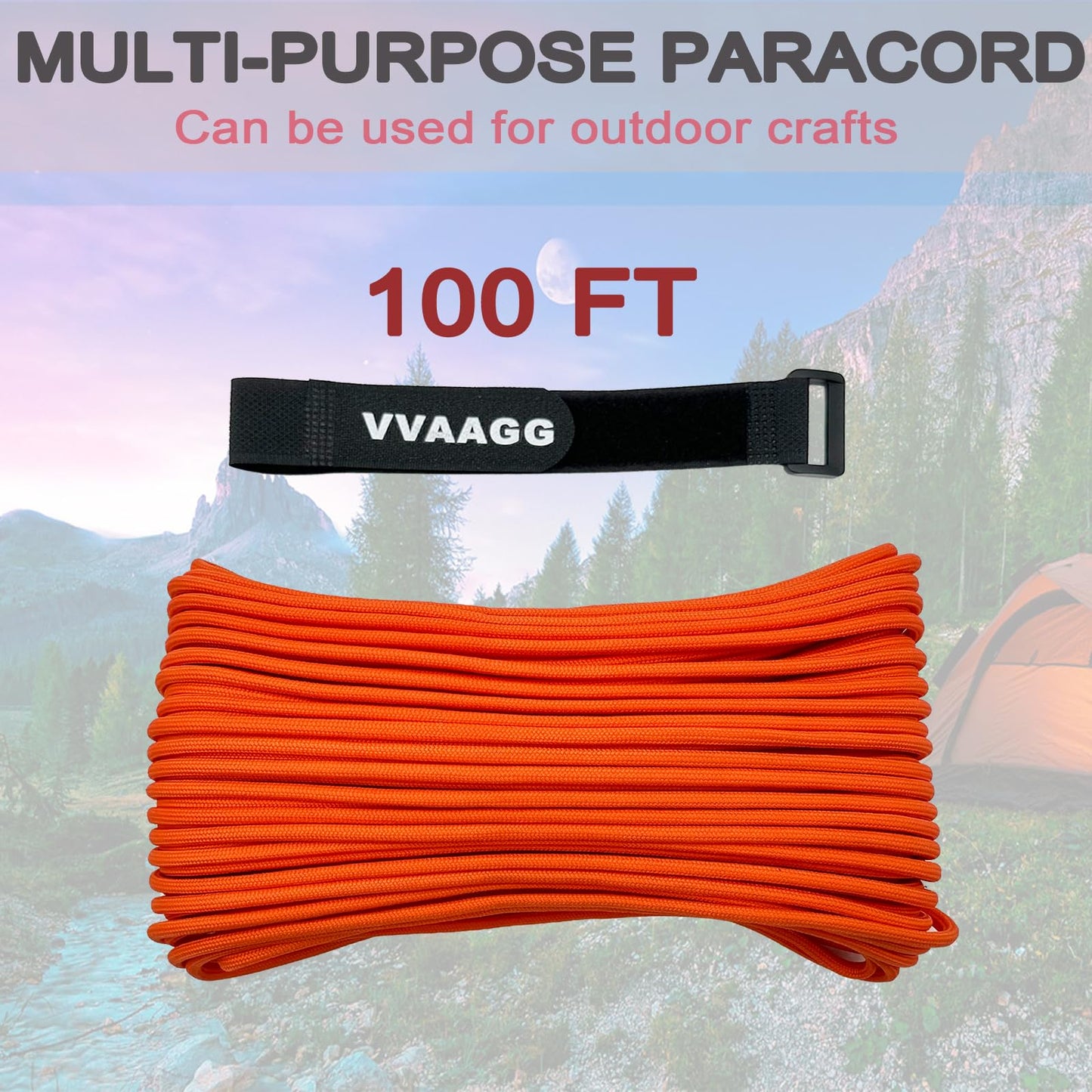 VVAAGG 550 Paracord 100FT - 4mm Lightweight and Durable Camping Rope, Tent Rope, Clothsline Rope, Marine Weatherproof Rope, Nylon Parachute Cord Rope (Orange)