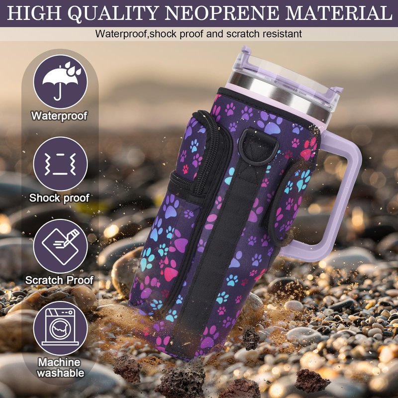 Water Bottle Holder Carrier Bag with Large Phone Pocket,Neoprene Water Bottle Carrier with Strap for Stanley 40 OZ Tumbler, Wrap Around Drink Purse Cup Holder with Straw Cover Accessories