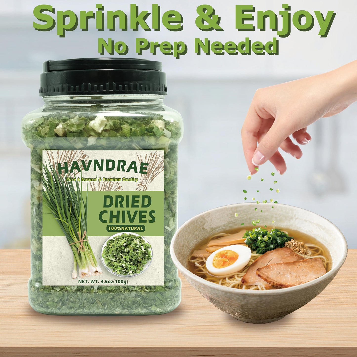 3.53 oz Premium Freeze-Dried Chives Flakes, Natural Thin Delicate Chive Seasoning for Soups, Sauces, Salads & Dips, Gluten-Free, No Additives, Fresh Green Herb for Cooking