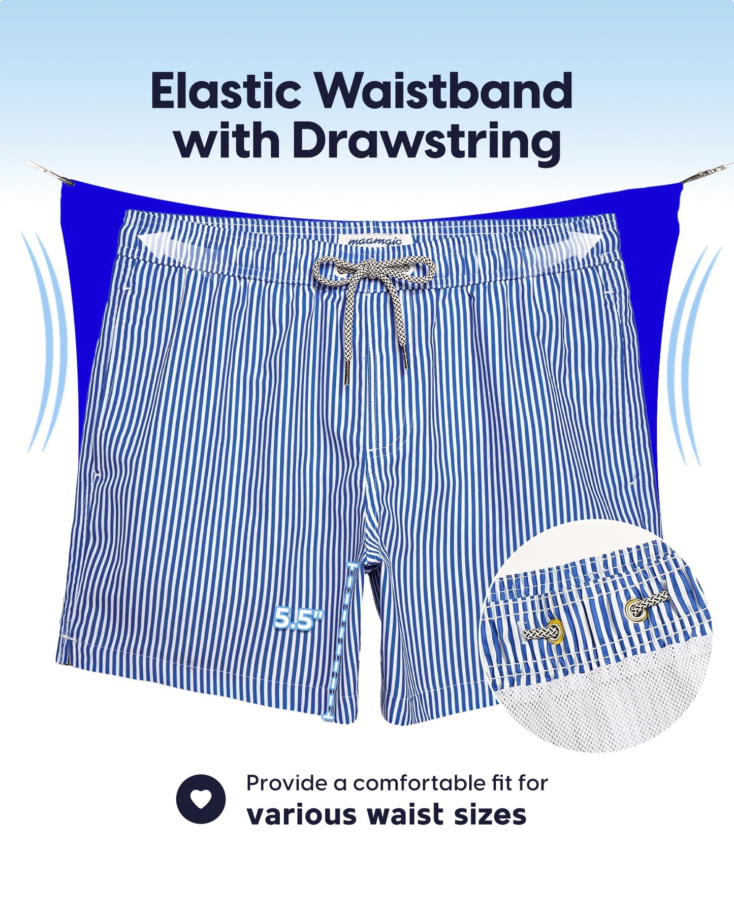 maamgic Mens Swim Trunks 5 Inch with Mesh Lining, Quick Dry Mens Bathing Suit, Swim Shorts for Swimming and Beach, Large Blue Stripe