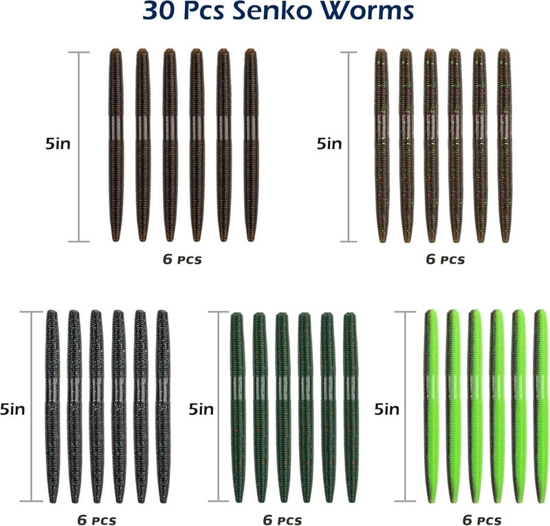Senko Worms Kit - 30/50/78/100 Pcs Soft Plastic Fishing Lures | 4"/5" Salt-Impregnated for Bass Fishing