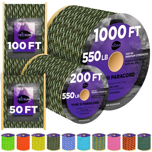 TECEUM Paracord Type III 550 Army Green Camo – 50 ft – 4mm – Tactical Rope MIL-SPEC – Outdoor para Cord –Camping Hiking Fishing Gear and Equipment – EDC Parachute Cord – Strong Survival Rope 791b