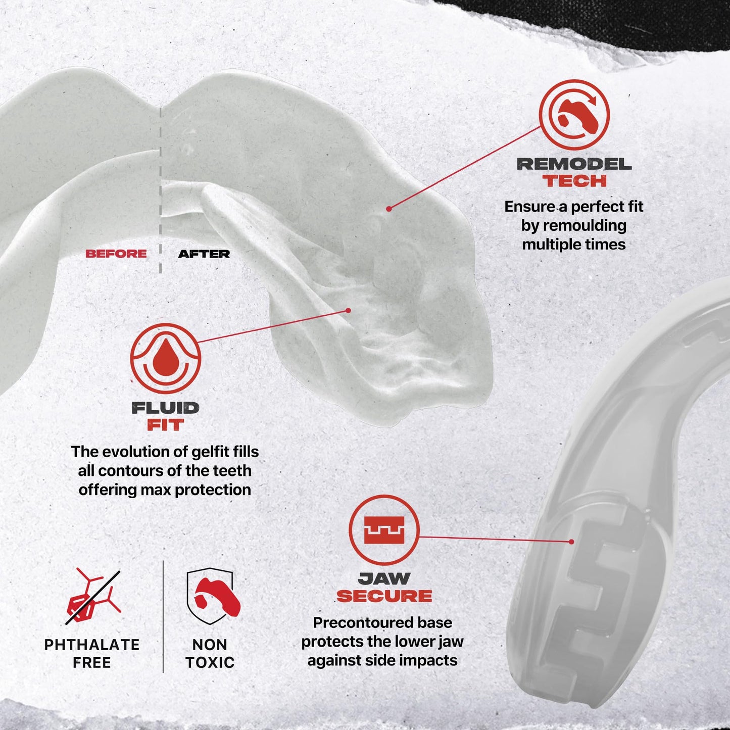 SAFEJAWZ Mouth Guard, Slim Fit Mouthguard for Youth with Case, Easy Fit Remoldable Mouthpiece for Football, Boxing, Lacrosse, MMA, Basketball & All Contact Sports (Kids <11 Years, Clear)