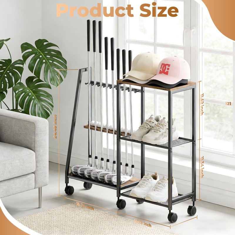 DEMEGA Golf Club Rack with Wheels, 2-in-1 Golf Organizer & Storage for Golf Clubs, Balls, Shoes, Hats, Sturdy Walnut Wood & Matte Black Iron Modern Golf Stand for Home Garage Office