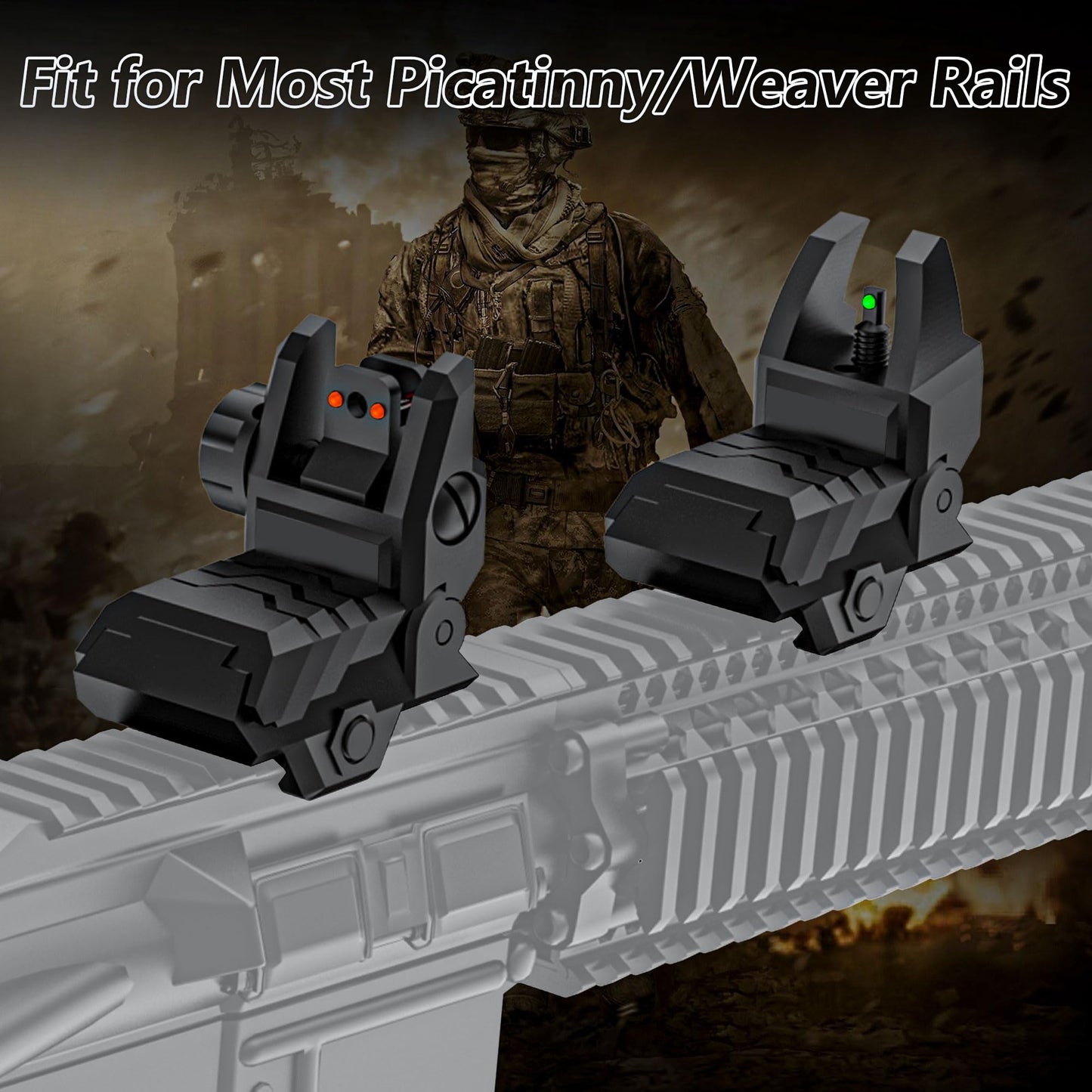 JORMIX Folding Fiber Optic Sights Flip Up Sights Front and Rear Back up Sights for Picatinny Weaver Rails with Red Green Full Dots Polymer (Front Green+Back Red)