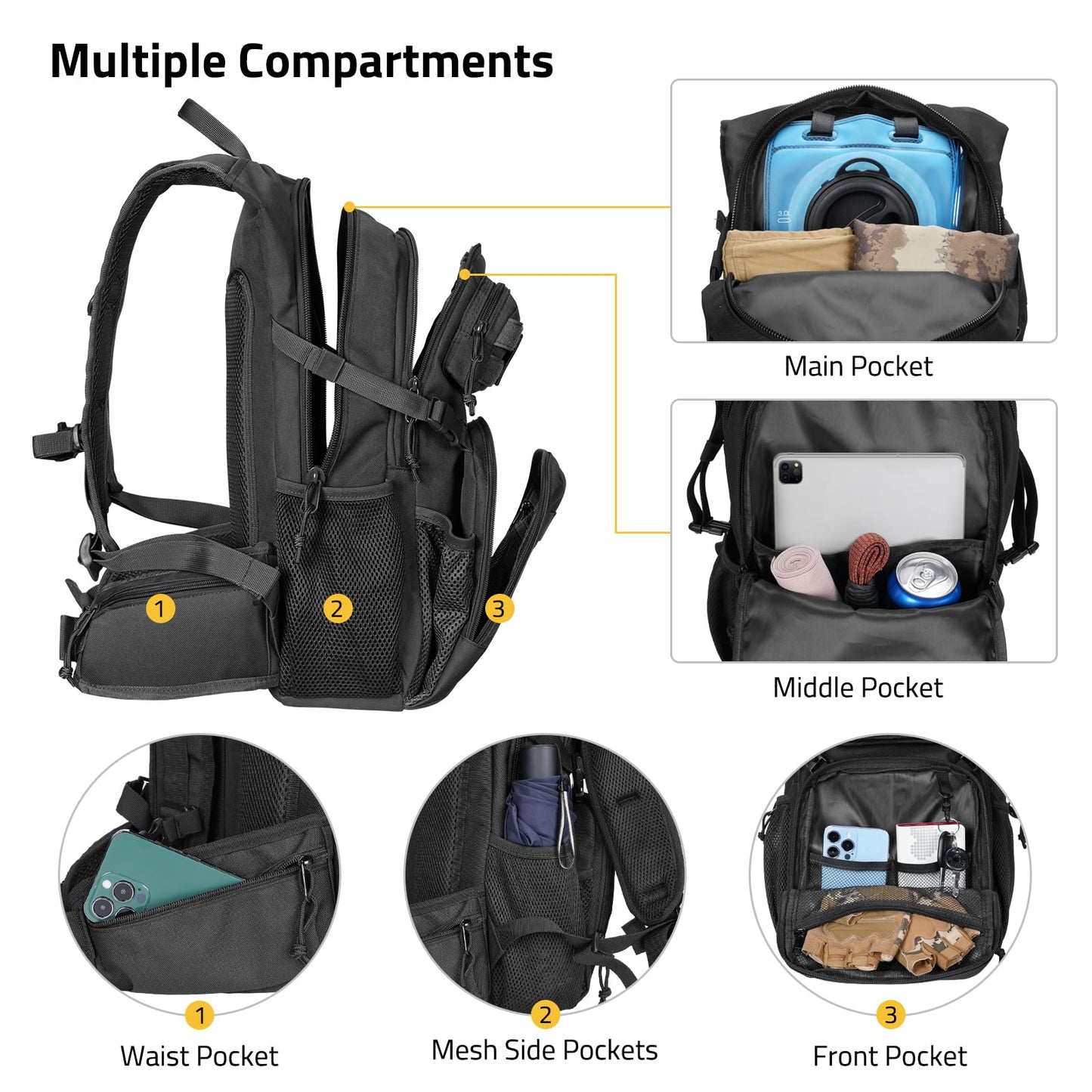 CVLIFE Tactical Hydration Backpack 3L, Lightweight Water Bag Hydration Pack, Hiking Backpack with Water Bladder for Men Women, Heavy Duty Molle Water Backpack for Cycling, Running, Hunting Black