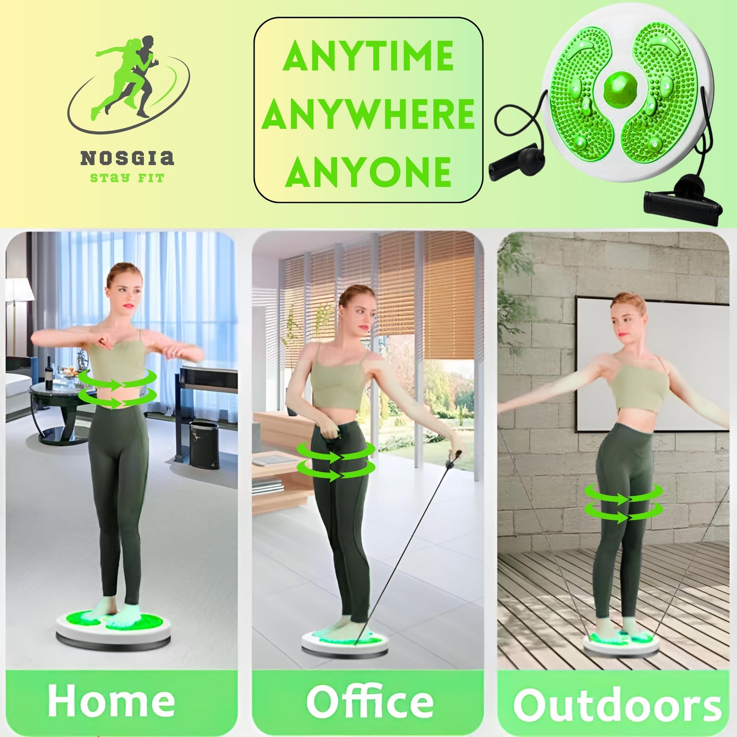 NOSGIA Green Core Ab Twister Board - Double Rope for Exercise and Trainer 11 inch Abs Waist Twisting Disc with 8 Simply Power Magnets Reflexology Machine for Slimming and Strengthening Abdominal Exercise Workout Equipment