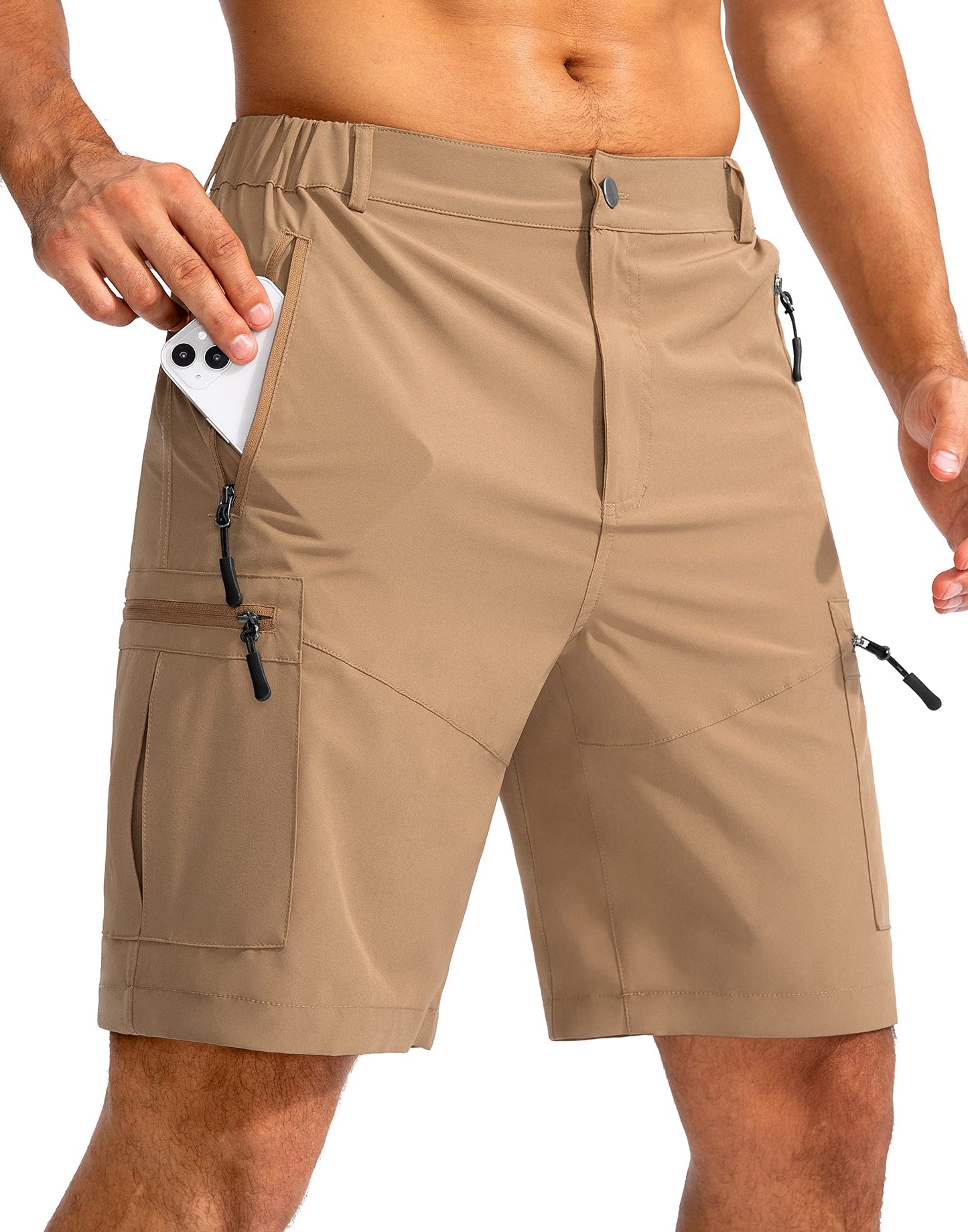 Pudolla Men's Hiking Cargo Shorts 9" Lightweight Outdoor Work Shorts for Men Travel Golf Camping Casual with 5 Zipper Pockets(Dark Khaki XX-Large)
