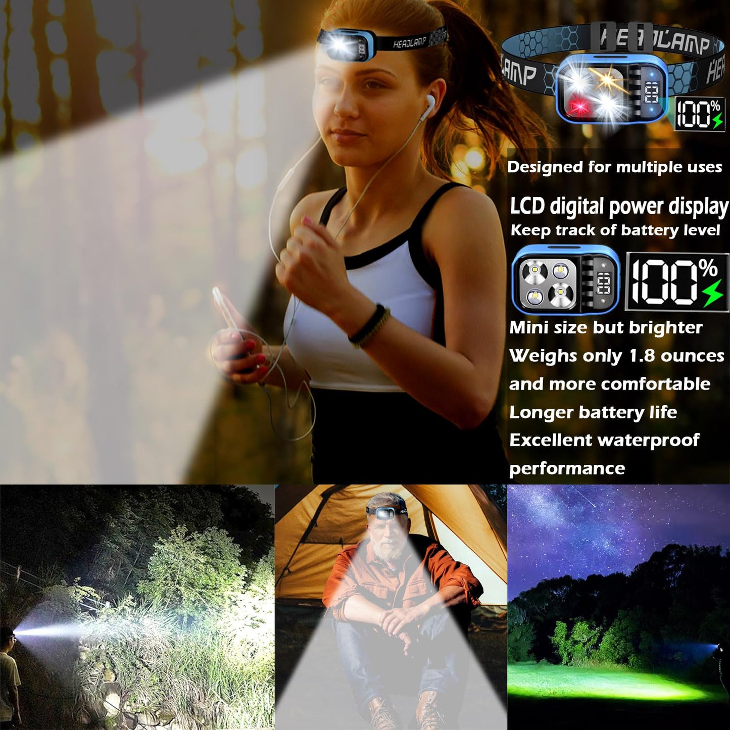 Headlamp Rechargeable, 2Pcs Flashlight 1500 Lumen Head Lamp Bright LED White Red Warm Light, Headlight Waterproof Motion Sensor- Camping Essentials, Hiking Survival Gear, Fishing, Emergency Supplies