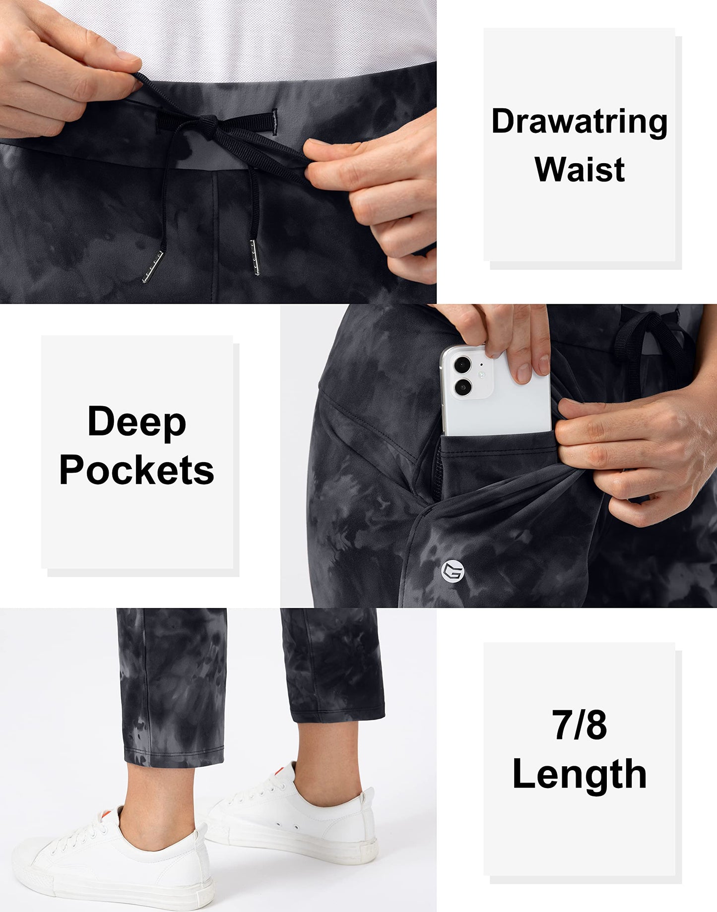 G Gradual Women's Pants with Deep Pockets 7/8 Stretch Sweatpants for Women Athletic, Golf, Lounge, Work (Black Tie Dye, X-Small)
