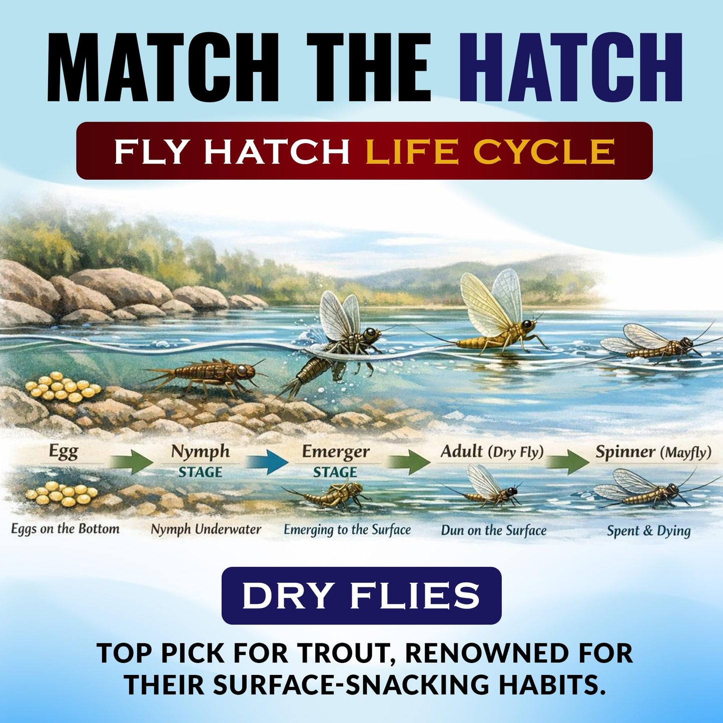 RoxStar Lures Dry Fly Assortment for Trout | 60 Hand Tied Fishing Flies | Match the Hatch Variety Pack | Sizes #8–#20 | Proven River, Stream & Lake Patterns