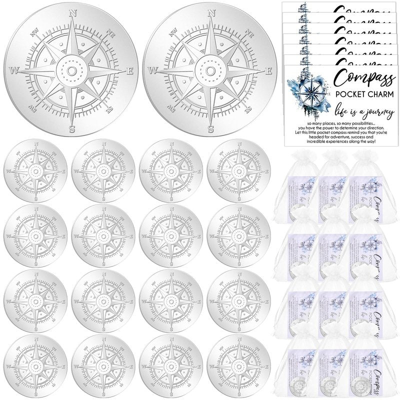 Beeveer 50 Sets Compass Pocket Tokens Bulk Motivational Coins with ''Life is a Journey'' Quote, Cards and Organza Bags, Orientation Graduation Gifts for Students, Teachers, Friends