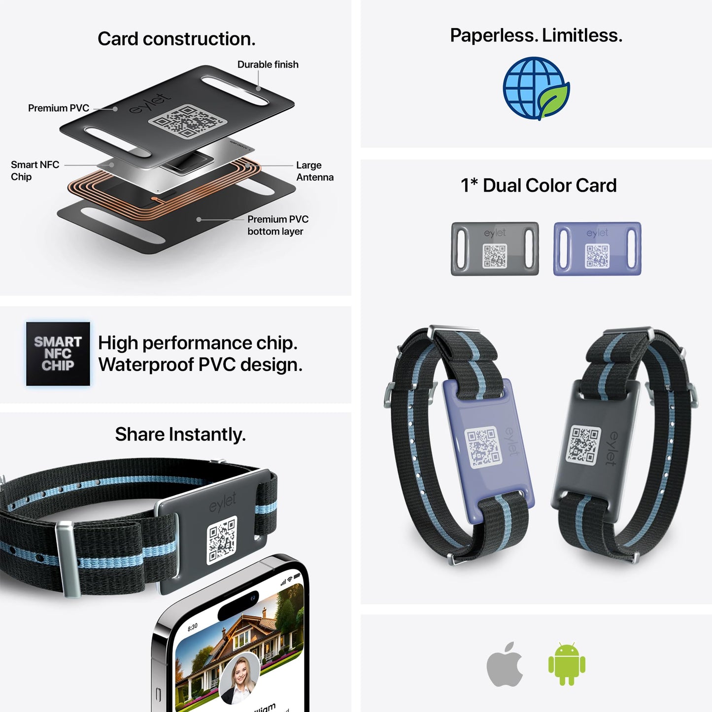EYLET Digital Business Card v3 Wristband NFC Smart Band, No Subscription, Large Antenna, Breathable Dual-Color Strap and Card, Charcoal Black & Future Dusk Blue with Metal Buckle