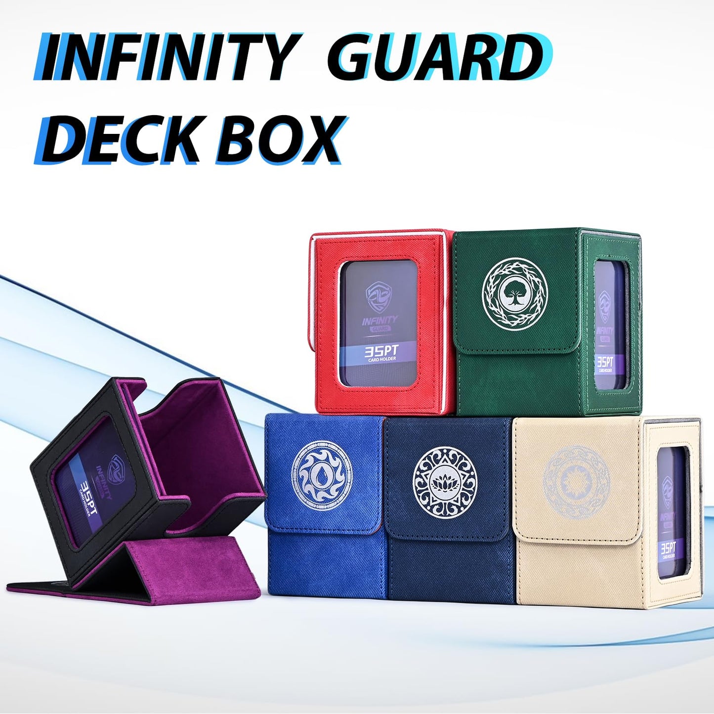 Infinity Guard Card Deck Box for MTG with Commander Display for 100+ Double Sleeved Cards, Magnetic Card Storage Box Fits for TCG Sports Trading Cards (Blue Purple&Grey)