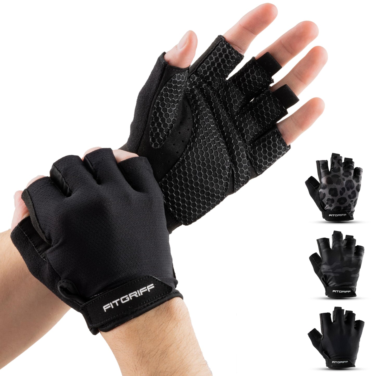 Fitgriff® Workout Gloves (Padded) for Men & Women - Fingerless Gym Gloves for Weight Lifting, Training - Full Palm Protection (Black, Size 8)