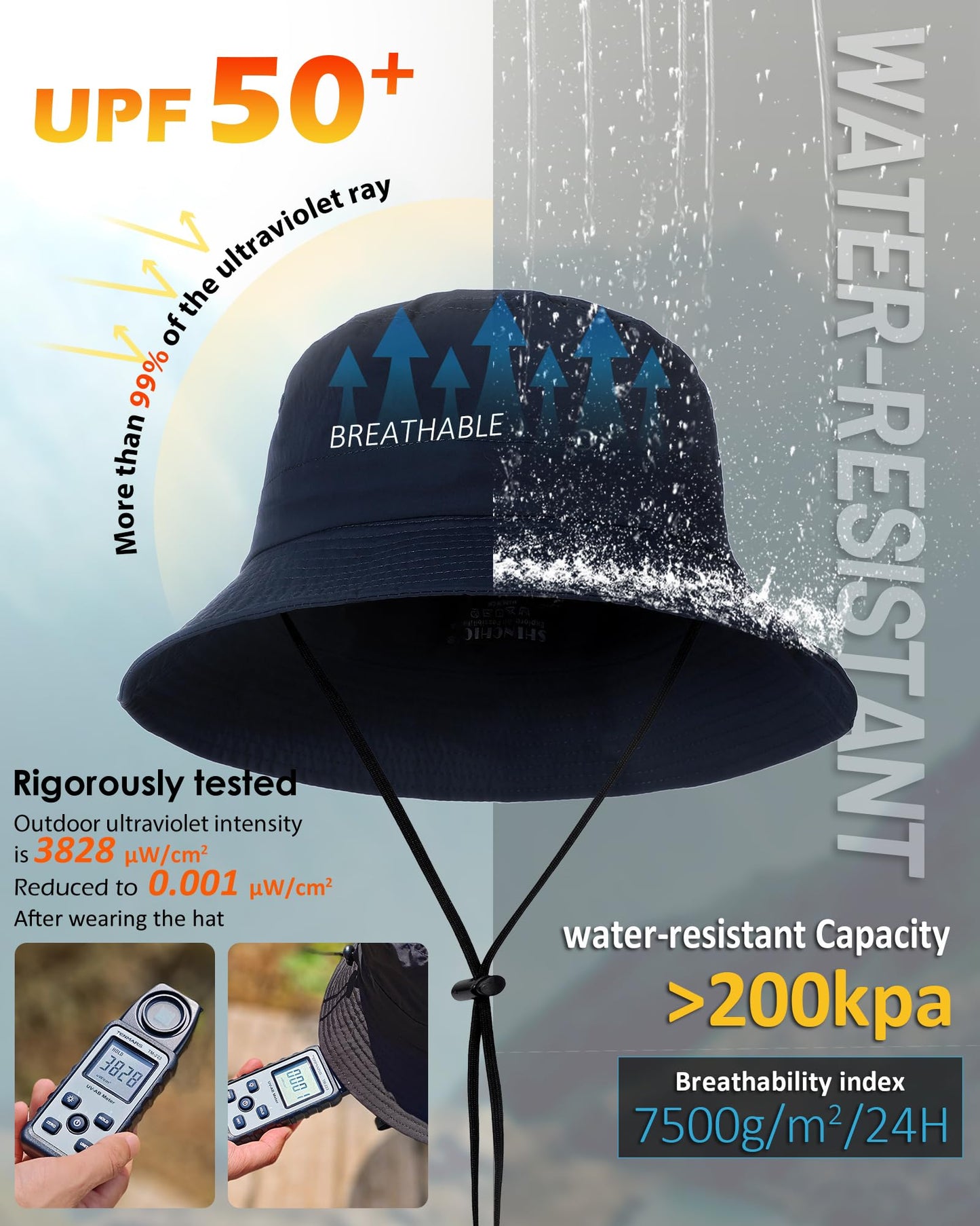 Water-Resistant Bucket Hat for Women Men Rain Hat UPF 50+ Boonie Sun Hat Foldable Summer Floppy Fishing Safari Hats Navy Blue