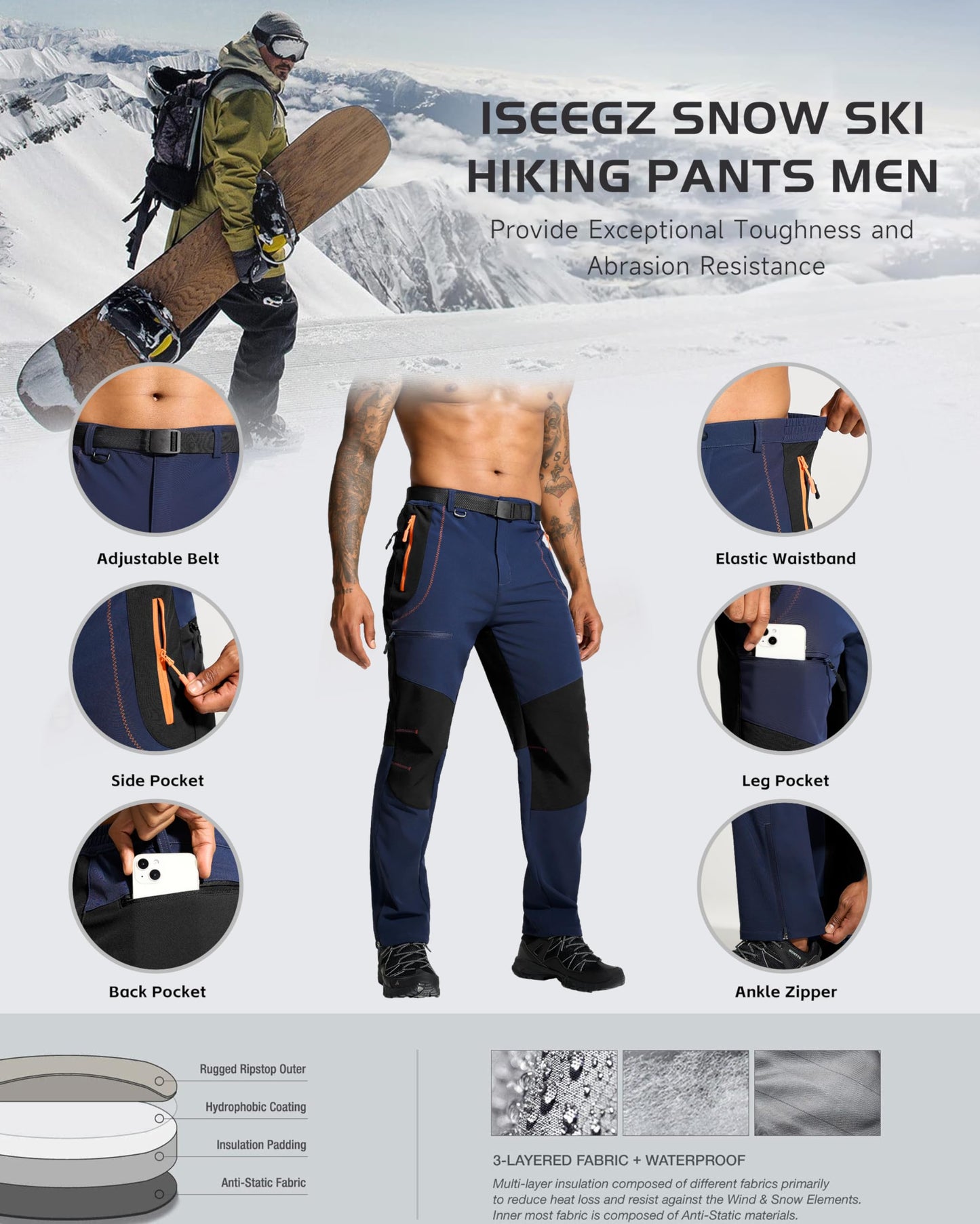 ISEEGZ Mens Hiking Snow Ski Pants Winter Insulated Fleece Lined Outdoor Men Waterproof Windproof Insulated With Belt