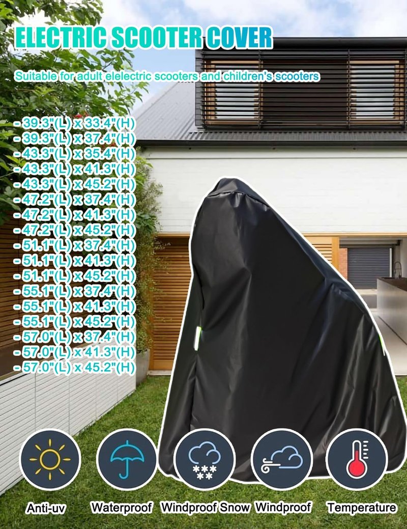 Electric Scooter Cover, Universal Scooter Cover, Waterproof Sun, Tear Proof Night Reflective and Lock-Holes&Storage Bag for With Seat or Without Foldable Kick Scooter(Without Seat,57"(L)x45"(H))