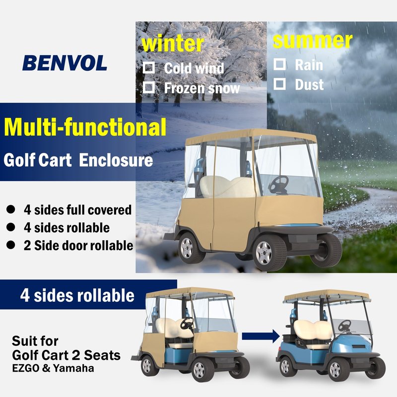 BENVOL Golf Cart Cover 2 Seater Drivable Enclosure - Fits Club Car Precedent, Tempo & EZGO TXT (Roof Up to 58") - 900D Heavy Duty Khaki Waterproof Rain Cover with 0.5mm Clear Vinyl Windows