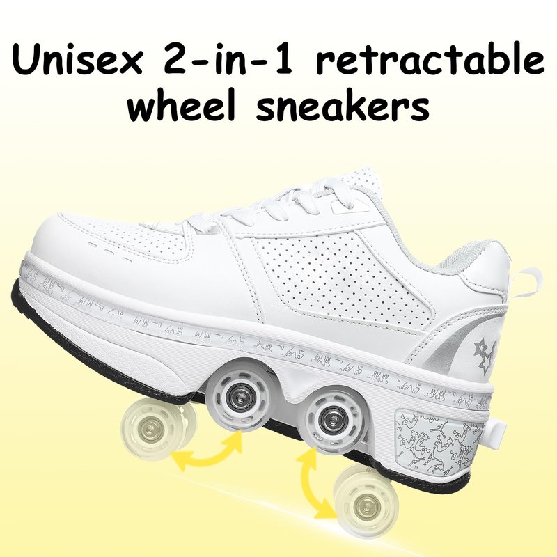 Roller Skate Shoes for Girls, Boys, 2-in-1 Skating Shoes for Man, Women, Retractable Wheels Sneakers for Kids, Deformation Sneakers Outdoor, White(2.5US)