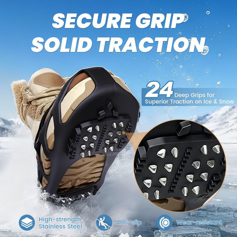 Ice Cleats, Ice Cleats for Shoes and Boots, Crampons for Shoes with 24 Spikes Anti Slip Snow Shoes (X-Large)