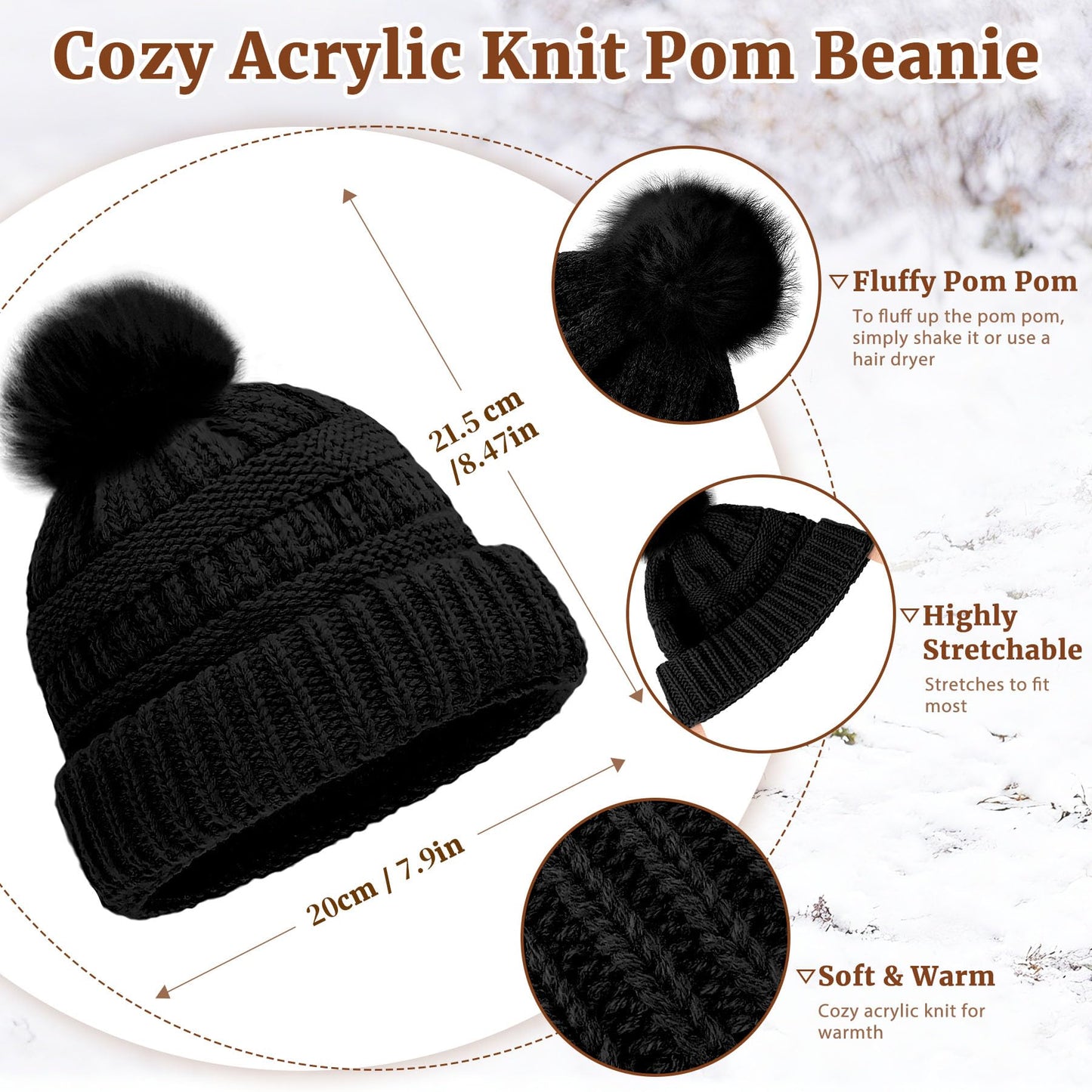 Yeendibo Winter Hat Scarf Gloves Set for Women, Warm Knit Beanie,Touch Screen Gloves and Soft Neck Warmer, 3-Piece Acrylic Knit Winter Bundle(Black)