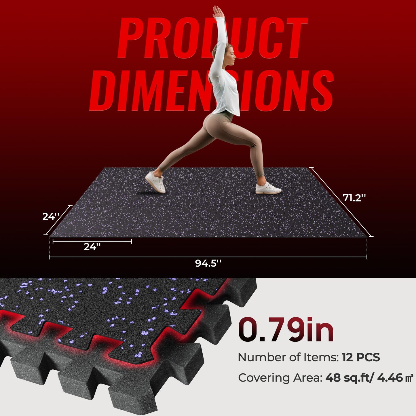SUPERJARE 0.79'' Extra-Thick Exercise Equipment Mats, 12 Pcs 48 Sq Ft Rubber Top Floor Tiles with High Density EVA Foam, Interlocking Gym Flooring for Home Gym, Protective Workout Mat, Black/Purple