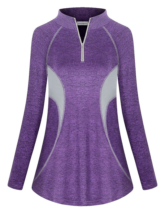 MOQIVGI Womens Activewear Tops Long Sleeve Workout Shirts with Collar Loose Fit half Zip Athletic Pullover Training Exercise Fitness Apparel Purple X-Large