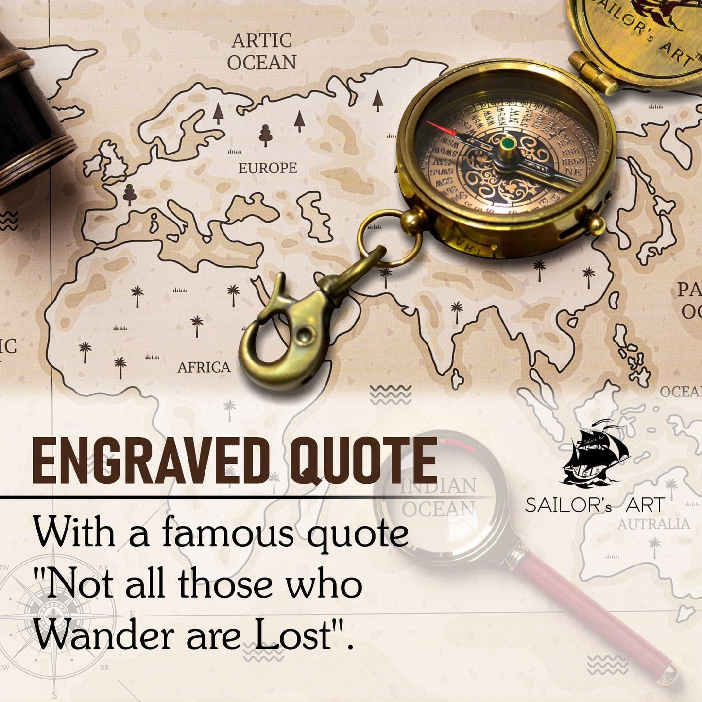 Sailor's Art Vintage Style Brass Pocket Compass with Wooden Box, Quote Engraved, Gifts for Kids Children Teen Family, Nautical Navy Compass, Baptism Gifts, Confirmation Gifts