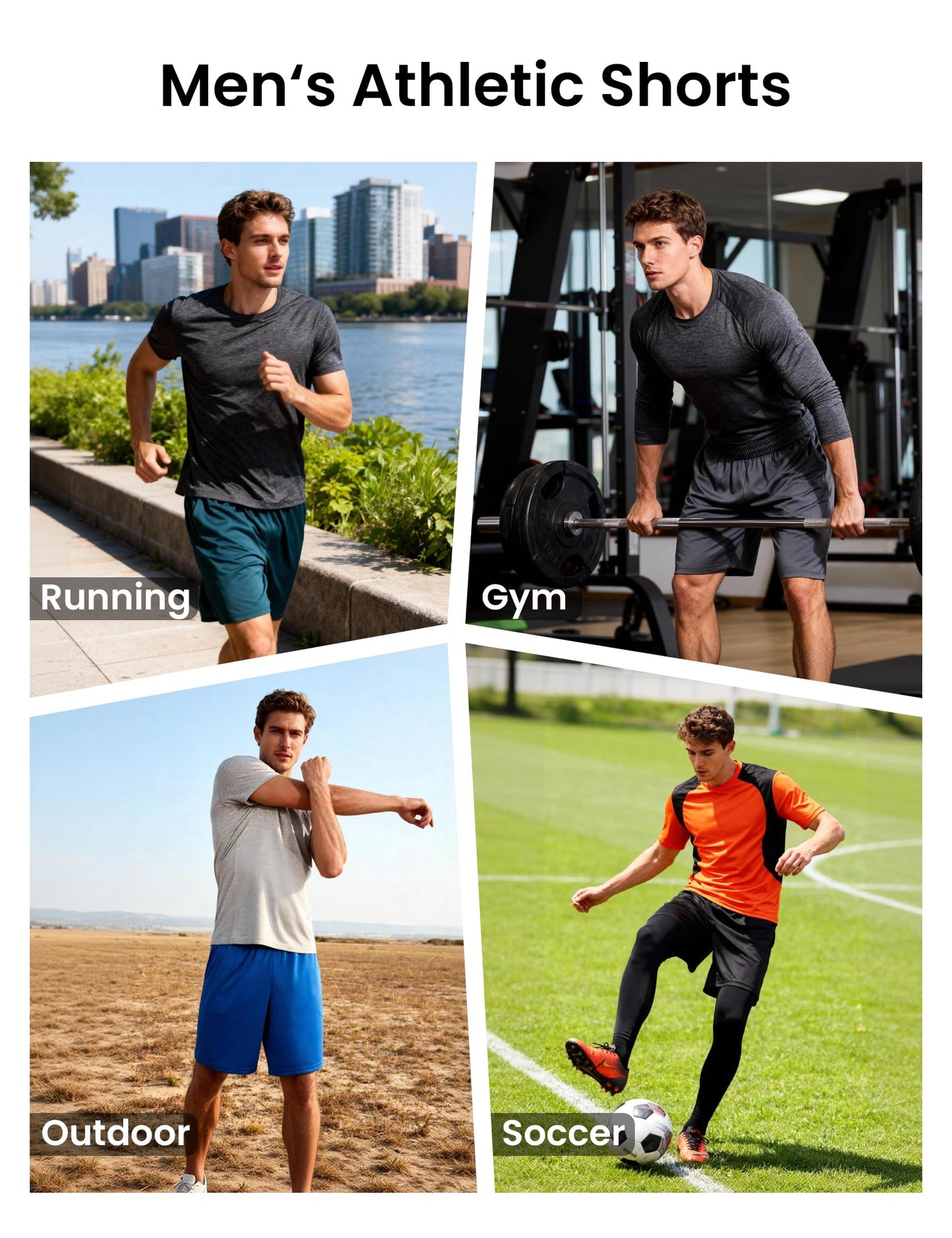 BVNSOZ Men's Athletic Shorts with Pockets and Elastic Waistband Quick Dry Workout Shorts for Men, Black x 2, Navy, Dark Grey, Light Grey, XL