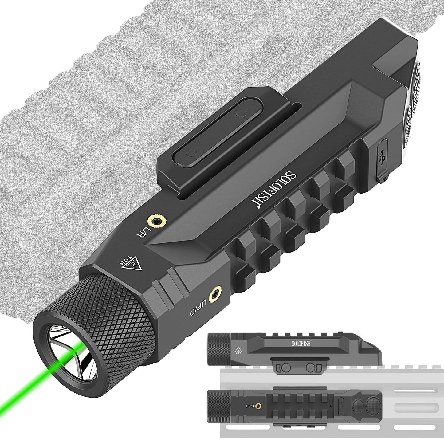 Solofish 1750 Lumens Green Laser Light Combo is Compatible with Picatinny/Mlok Rail for Rifle, Rechargeable Weapon Flashlight with Strobe/Momentary, with Power Level Indicator