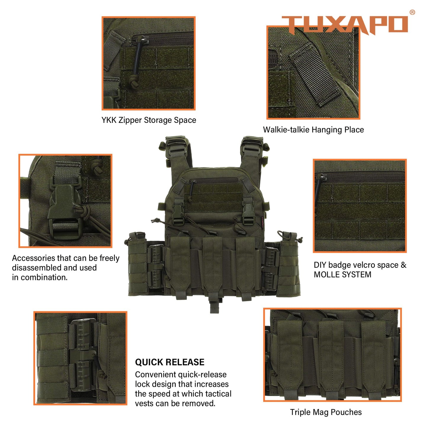 Tuxapo Tactical MOLLE Vests with Triple mag Pouch and Side Cummerbund Pouches, Quick Release Vests for Men