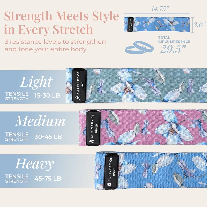 Activery Co. Fabric Resistance Bands for Women – Non-Slip Fitness Tool for Glutes, Legs & Full-Body Training – Ideal for Toning & Recovery – Includes Workout Guide & Travel Bag – 3 Pack (Floral Print)