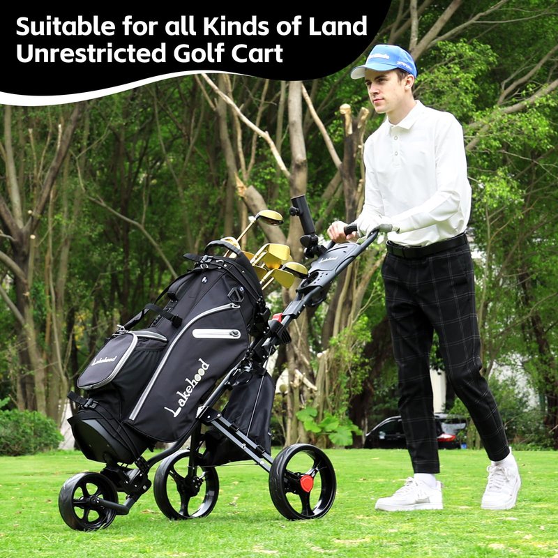Lakehood 3 Wheel Golf Push Cart & Golf Bag Cart - Easy Fold/Unfold, Smooth Golf Push Pull Cart, One-Tap Brake, Push Golf cart Perfect for Golf Enthusiasts & Professionals (Black)