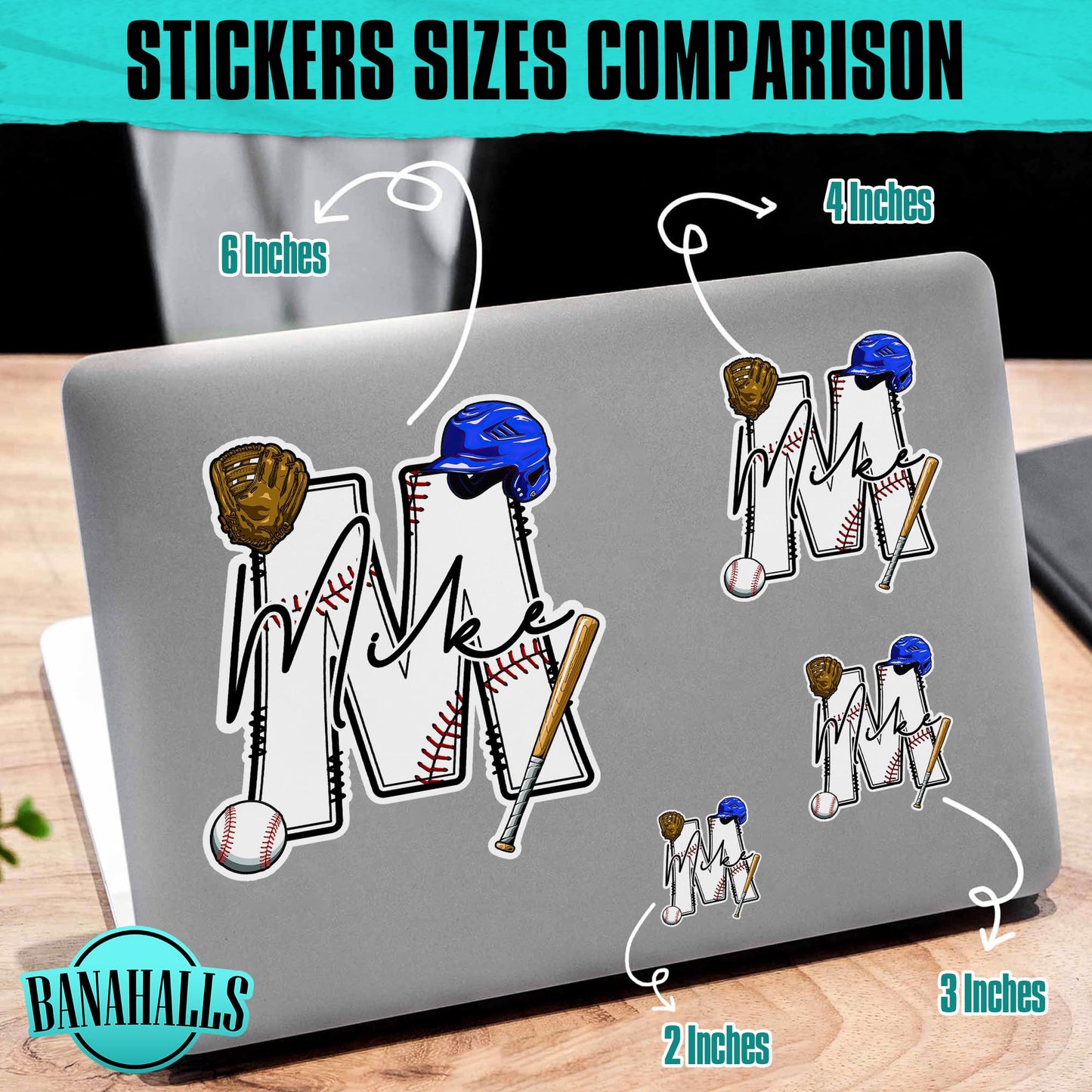 Custom Name Initial Sticker Personalized Baseball Sticker Baseball Customized Monogram Player Sport Waterproof Vinyl Sticker for Water Bottle Laptop Hard Hat Tumbler Cup Cars Birthday Gift for Her Him