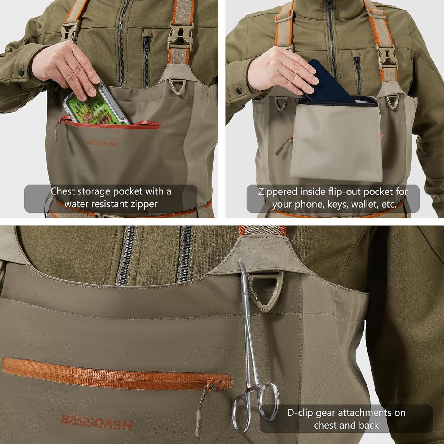 BASSDASH Men's Waterproof Breathable Fly Fishing Waders - Lightweight Chest Stocking Foot Design