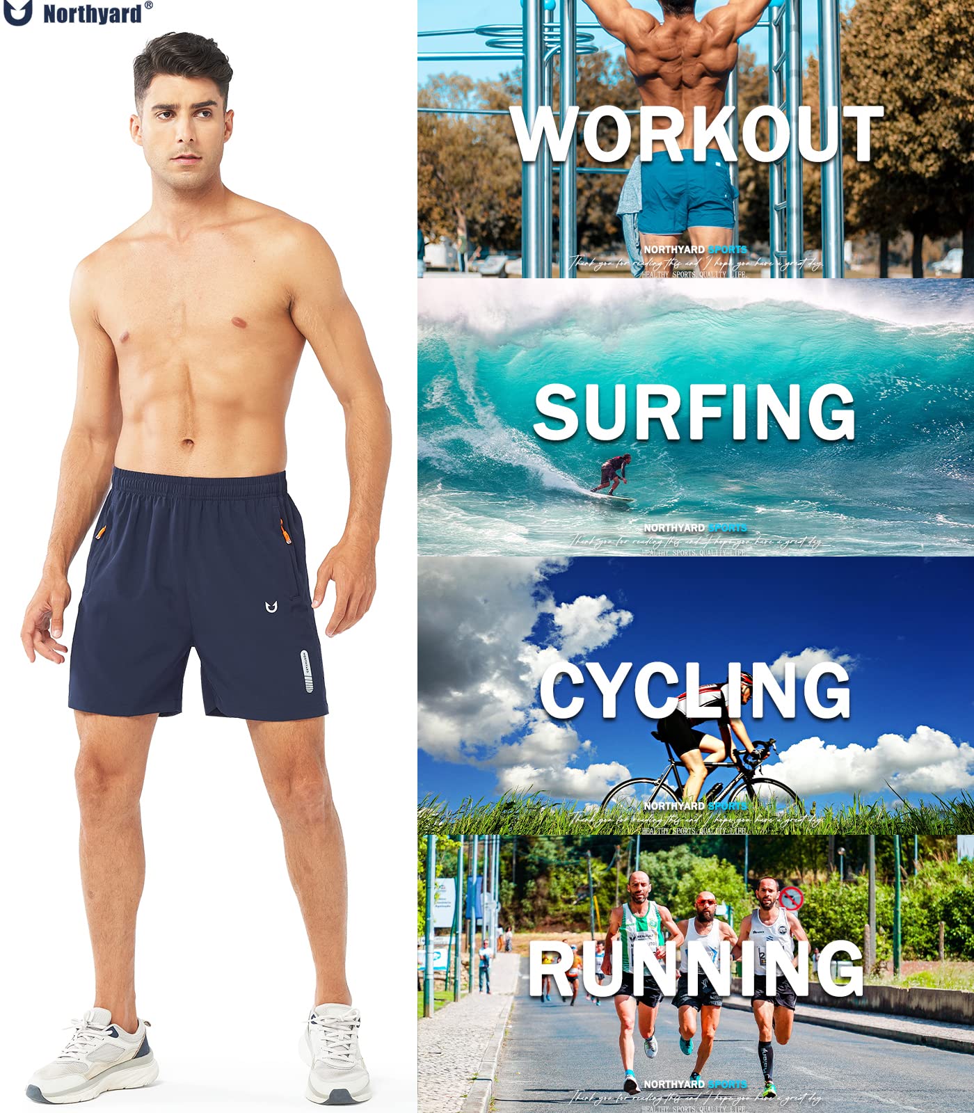 NORTHYARD Men's Athletic Running Shorts Gym Workout 7"/9"/5" Quick Dry Lightweight Sports Basketball Tennis 3 Zipper Pockets NAVY-5inch M