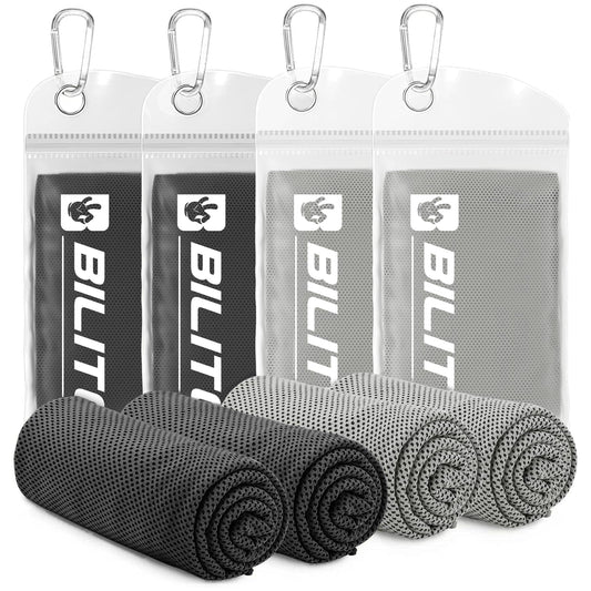 BILITOK Superfiber Ice Towel Neck, Soft Breathable Cold Towel Cooling, Yoga, Sports, Golf, Gym, Camping, Running, Fitness, Exercise and More Activities, 4 Packs (Black/Gray)