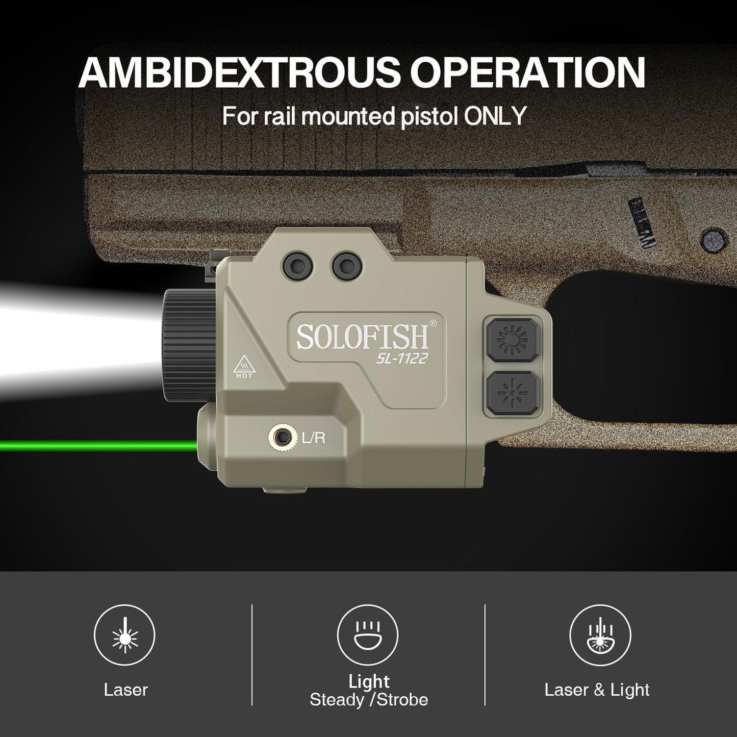 SOLOFISH 800 Lumens Pistol Light and Green Beam Combo, Strobe Function for Tactical Flashlight with Slidable Fits Guns w/Rail, Magnetic Charging, Desert Tan