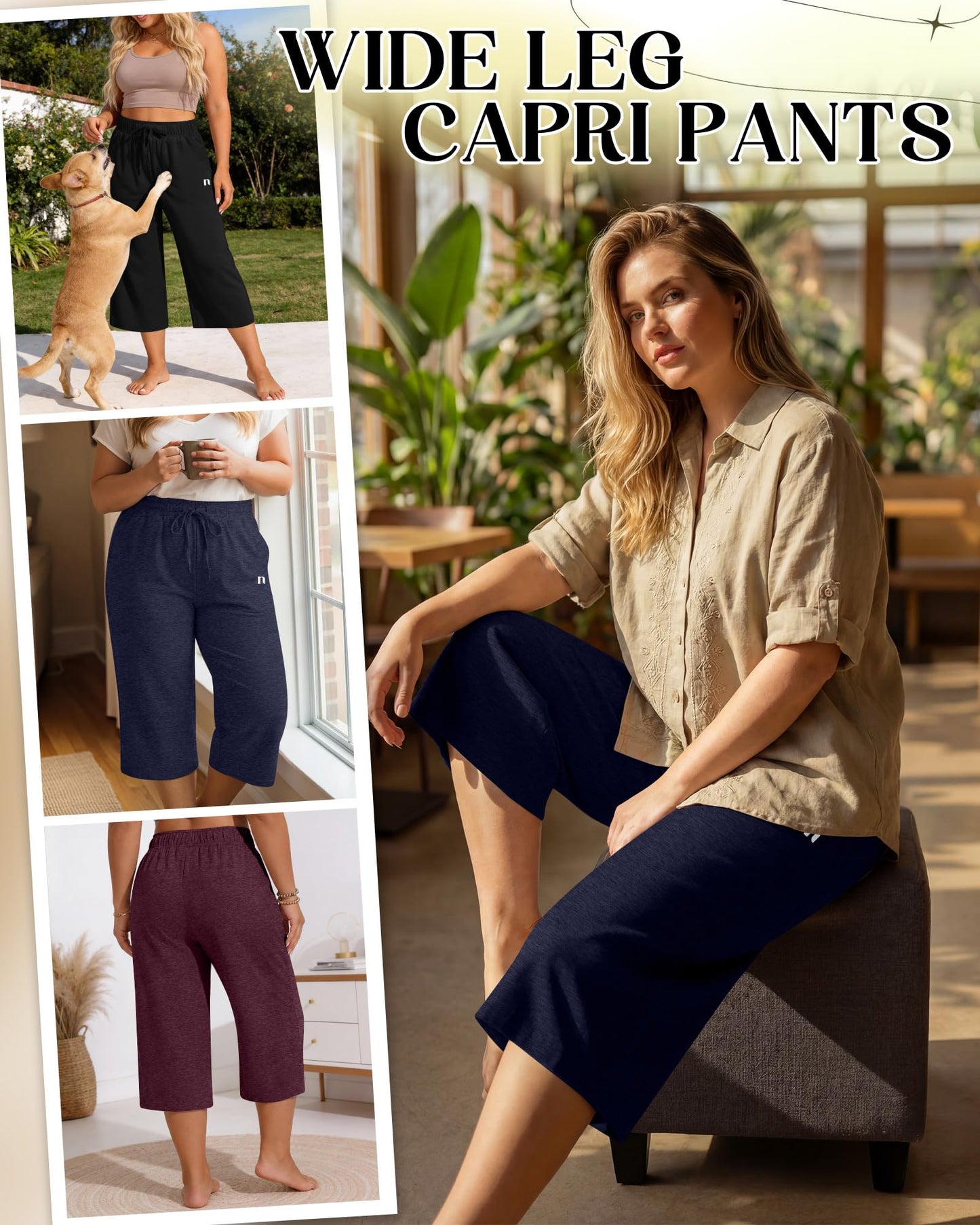 Neer 3 Pack Women's Plus Size Capris,Wide Leg Loose Pants Casual Drawstring Capri Sweatpants Drawstring Pants with Pockets(Black, Wine Red, Midnight Blue,3X-Large)