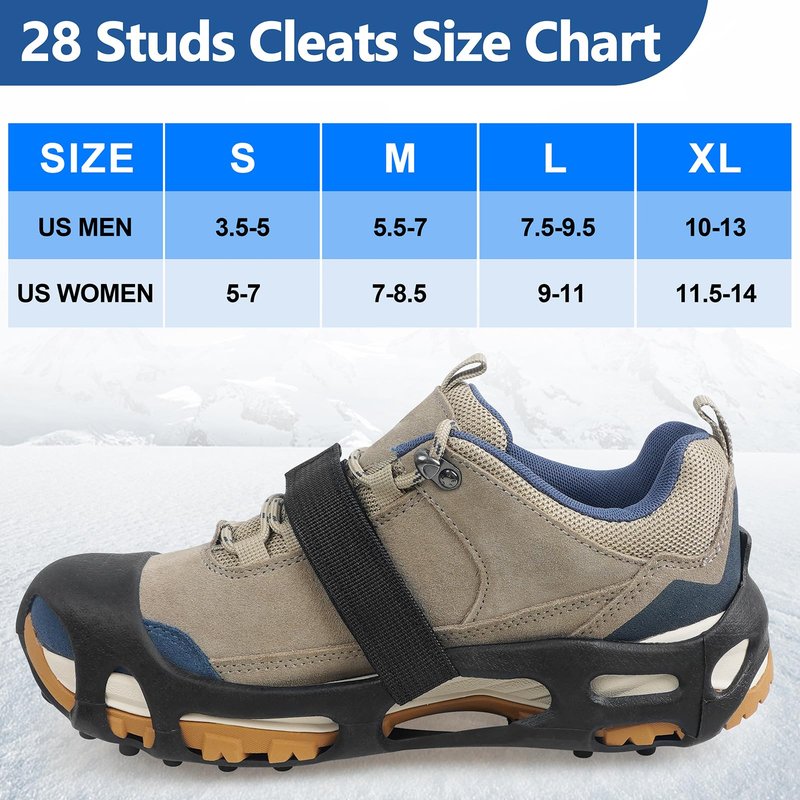Ice Cleats, Crampons Ice Cleats for Shoes and Boots Men Women Kids, Anti Slip 28 Shoe Spikes for Snow and Ice, Non Slip Snow Cleats with Straps for Winter Walking Hiking Fishing