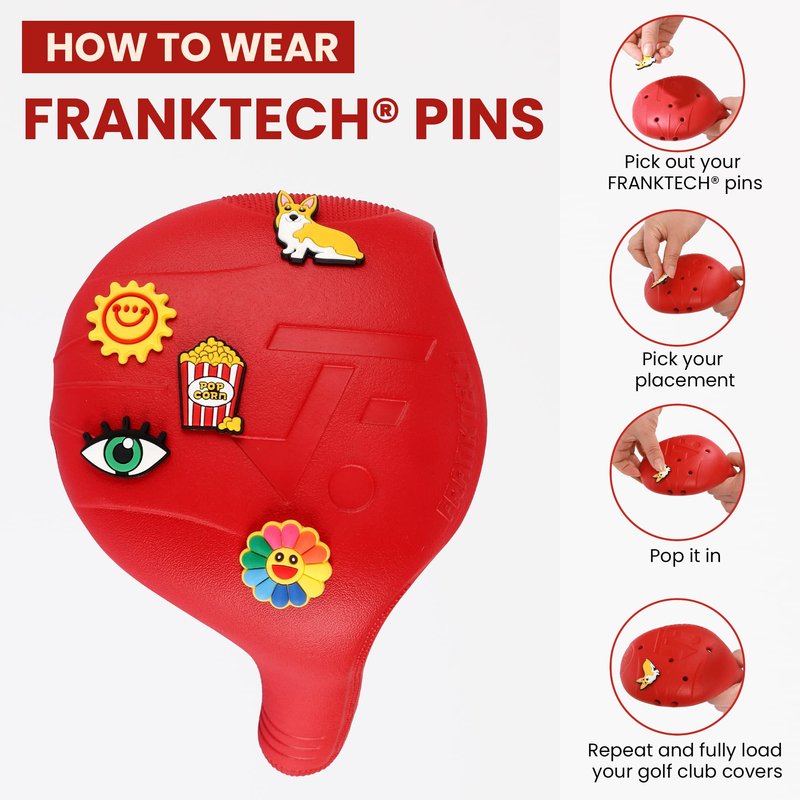 FRANKTECH Golf Club Covers 4pcs and 25pcs Funny Pins, Plastic Golf Head Covers for Driver Fairway Woods Hybrid, Driver Headcover Fit All Right-Handed Golf Clubs, Easy On Off, Washable, Funny