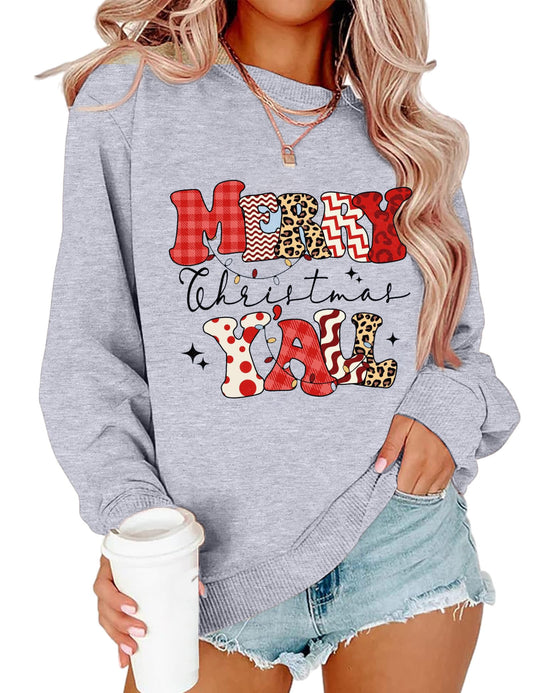 CCOTPRRP Merry Christmas Yall Sweatshirt Women Xmas Gift Cute Graphic Pullover Winter Crewneck Long Sleeve Top Shirts (P1,XL)