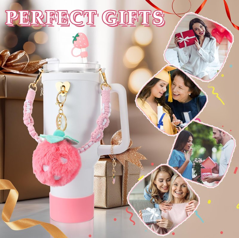 Domensi 6 Pcs Pink Strawberry Accessories Set Compatible with Cup, Pink Water Bottle Handle Strap Tumbler Silicone Straw Cover Charm Strawberry Plush Keychain Gift Decoration