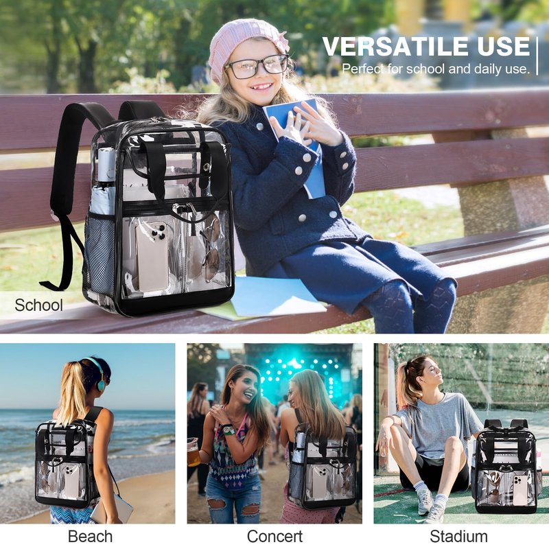 2PCS Clear Backpack for Women Men Girls Boys, Heavy Duty Clear Backpack with Clear Tote Bag for Stadium Events, See Through Backpack, Large Transparent Backpack Clear Bookbag for Concert Work Travel