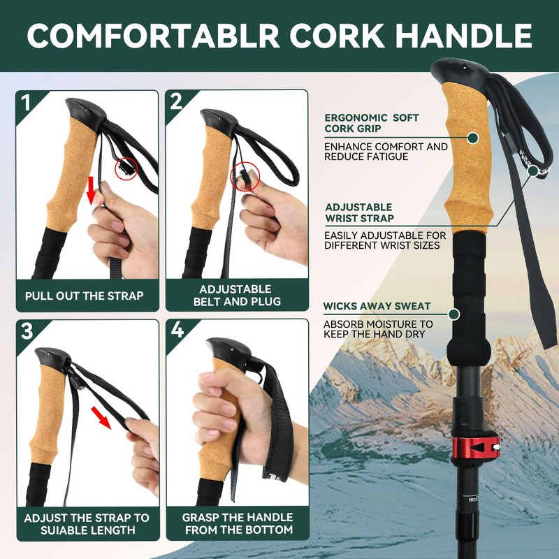 Carbon Fiber Trekking Poles 2-Pack - Lightweight Collapsible Hiking Sticks with Cork Grip & Quick-Lock System, Portable Walking Poles for Travel & Backpacking, Suitable for Men, Women and Seniors