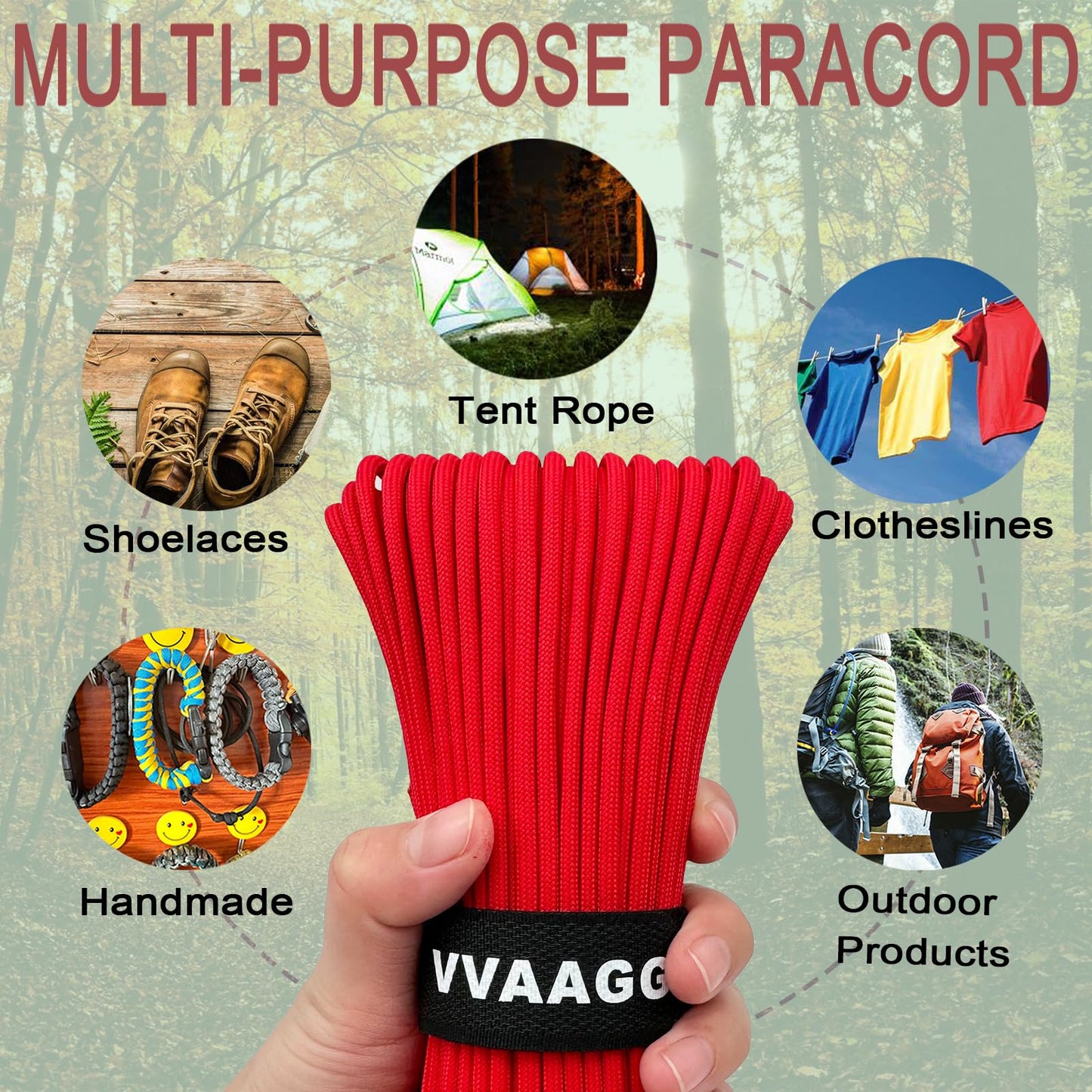 VVAAGG 550 Paracord Rope 100FT, 4mm Thin Tent Rope 550 Parachute Cord, Strong Long Nylon Rope, Outdoor Gear Camping Rope